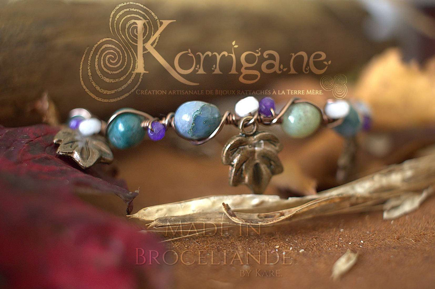 Bracelet Arduinna - Bijou forestier - Agate Mousse, Améthyste et Jade - Artisanat Made In Brocéliande - Bretagne - France - Lithothérapie Korrigane