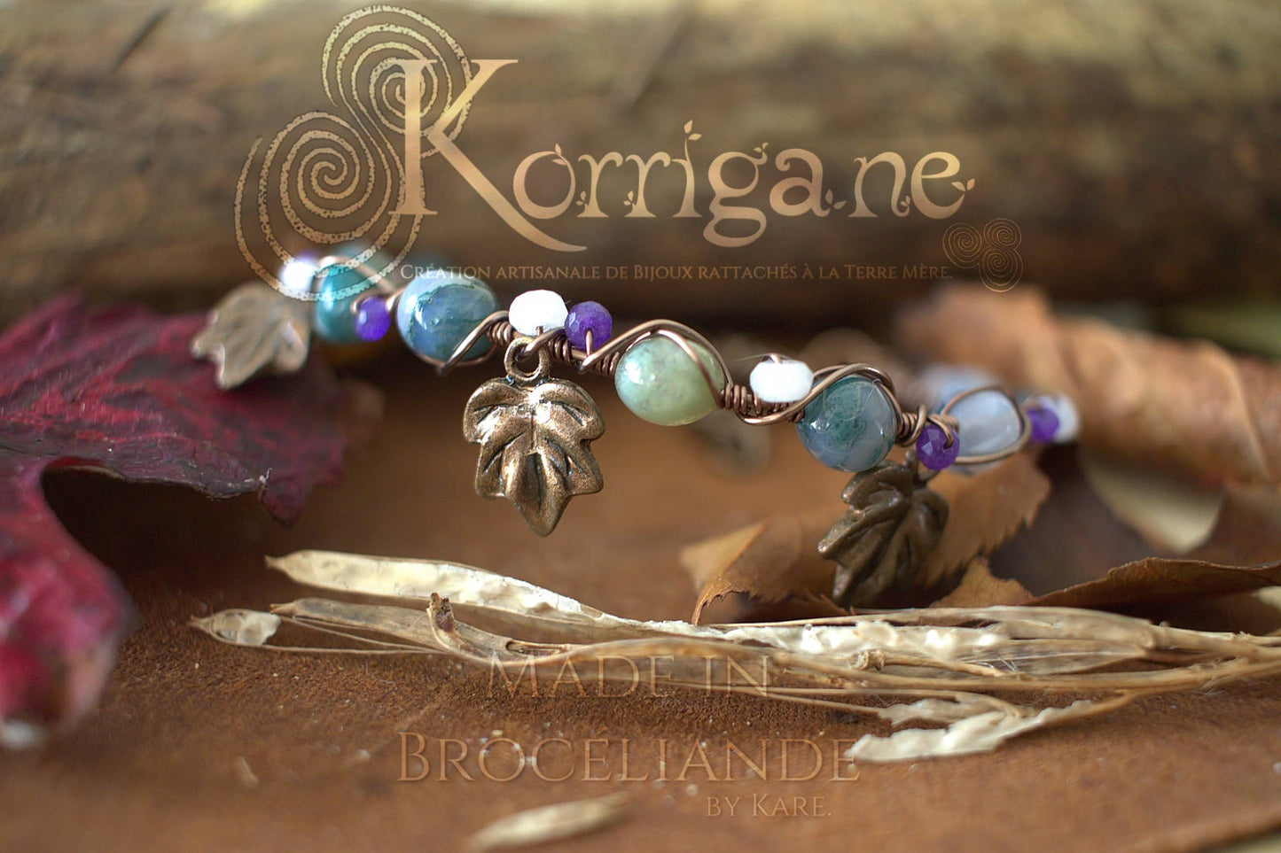 Bracelet Arduinna - Bijou forestier - Agate Mousse, Améthyste et Jade - Artisanat Made In Brocéliande - Bretagne - France - Lithothérapie Korrigane