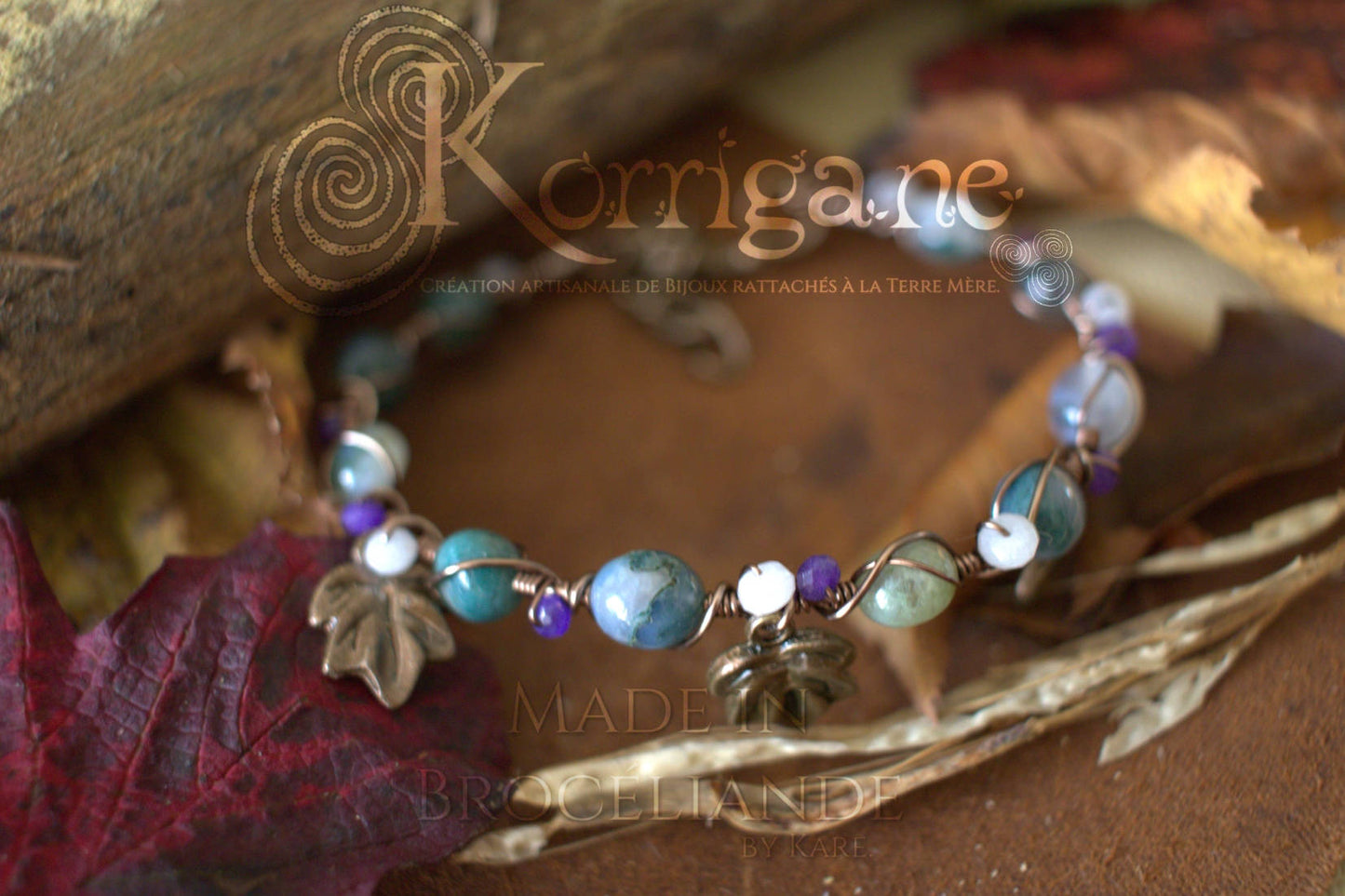 Bracelet Arduinna - Bijou forestier - Agate Mousse, Améthyste et Jade - Artisanat Made In Brocéliande - Bretagne - France - Lithothérapie Korrigane