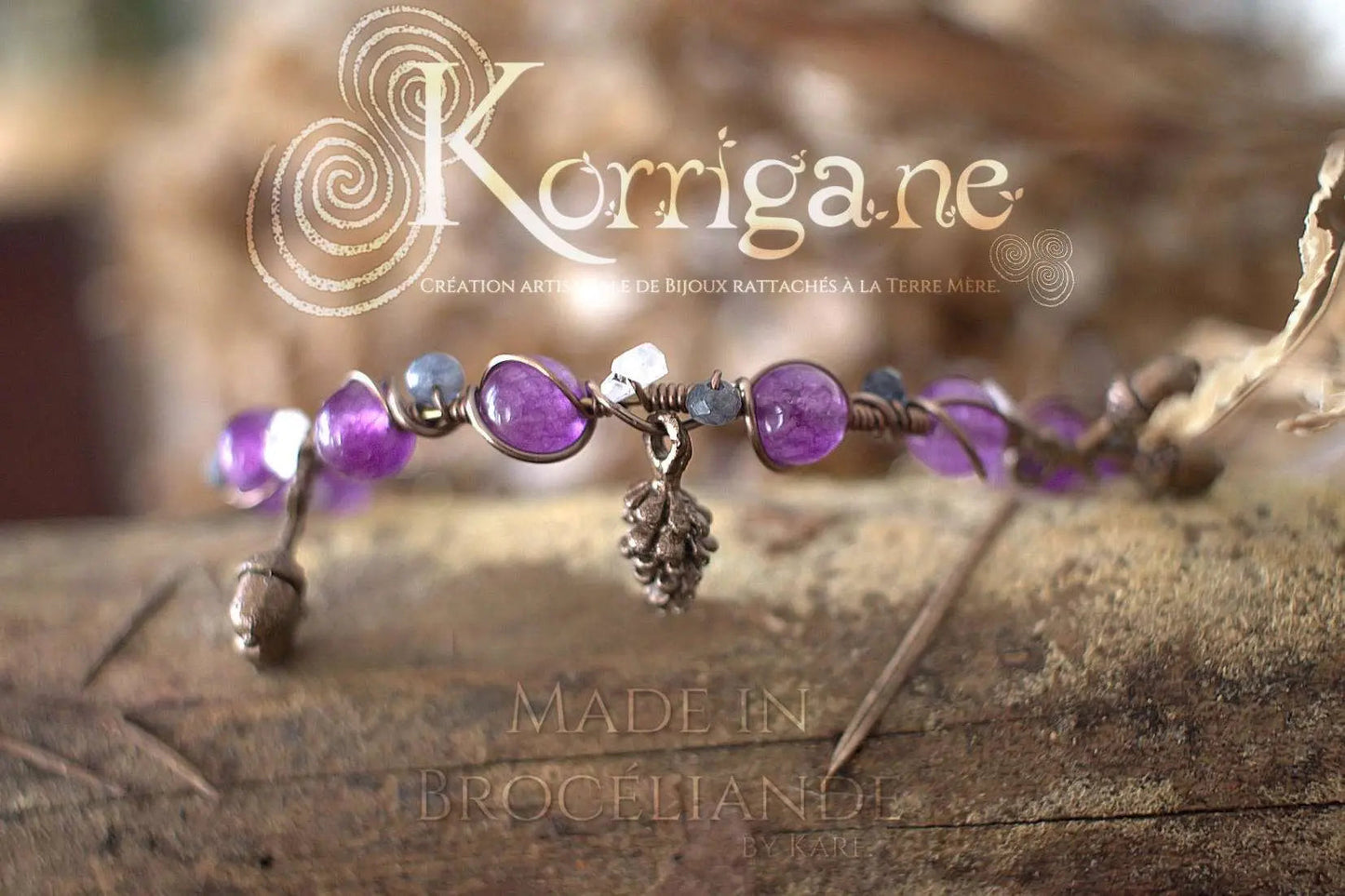 Bracelet Arduinna - Bijou forestier - Améthyste, Labradorite, Larvikite - Artisanat Made In Brocéliande - Bretagne - France - Lithothérapie Korrigane