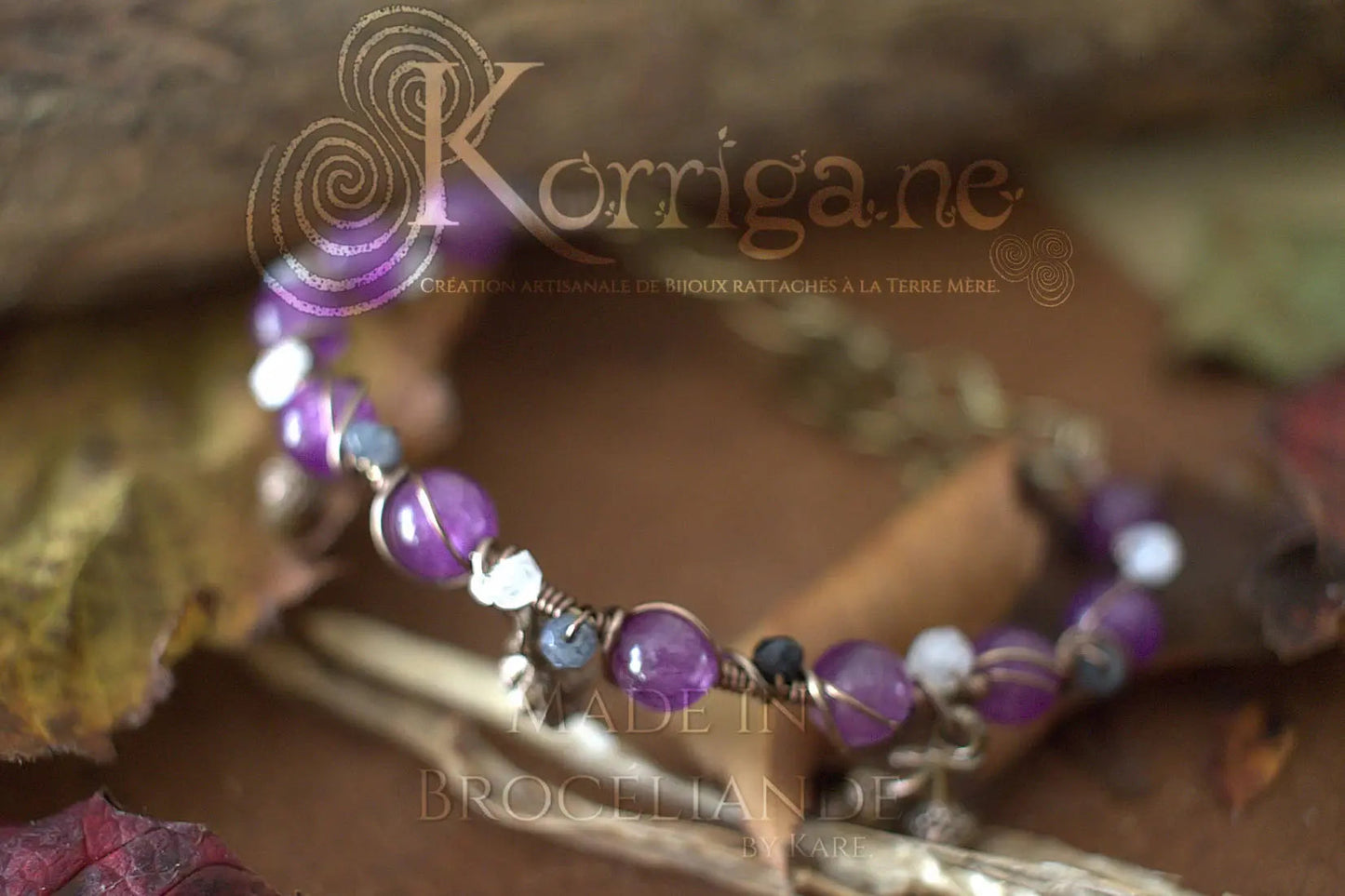Bracelet Arduinna - Bijou forestier - Améthyste, Labradorite, Larvikite - Artisanat Made In Brocéliande - Bretagne - France - Lithothérapie Korrigane
