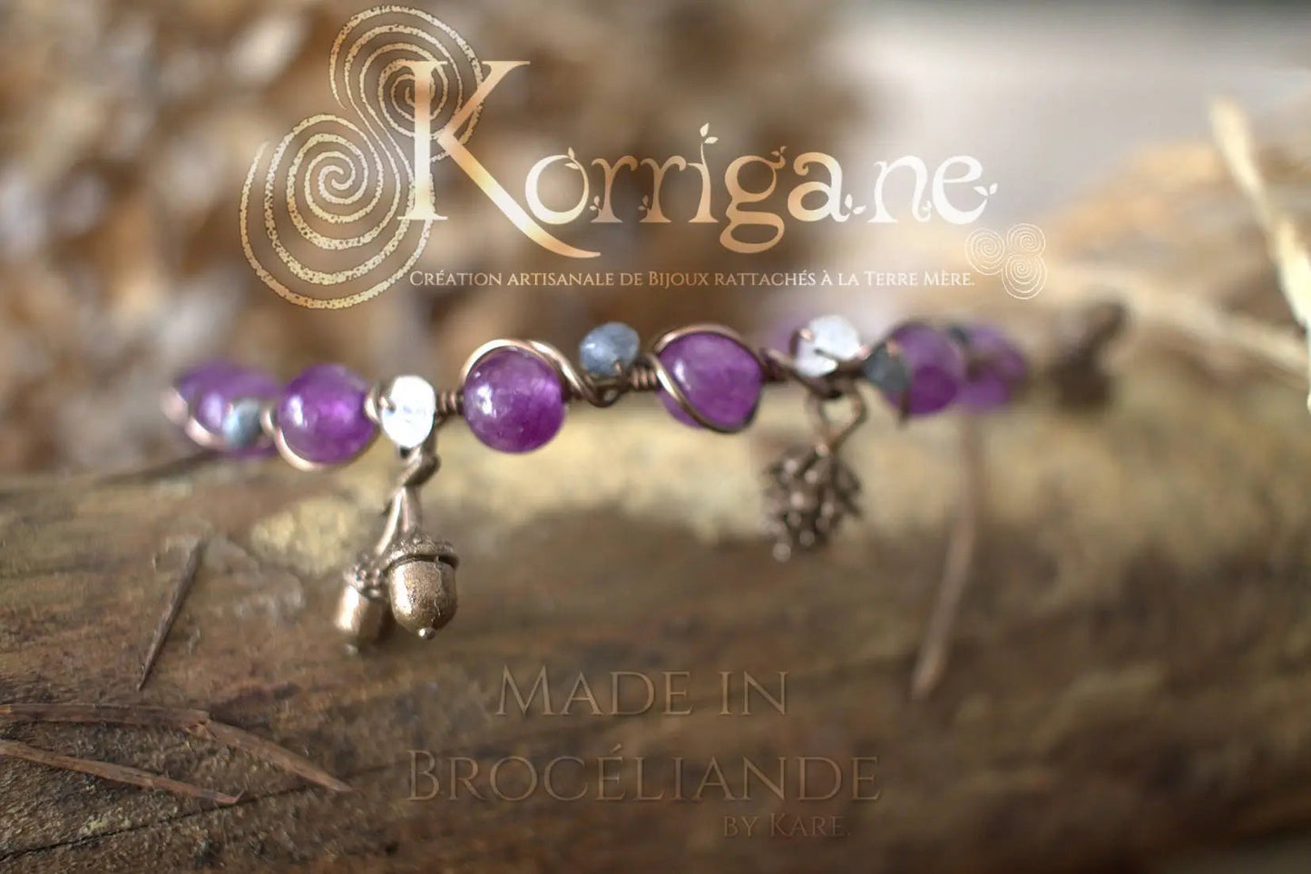 Bracelet Arduinna - Bijou forestier - Améthyste, Labradorite, Larvikite - Artisanat Made In Brocéliande - Bretagne - France - Lithothérapie Korrigane