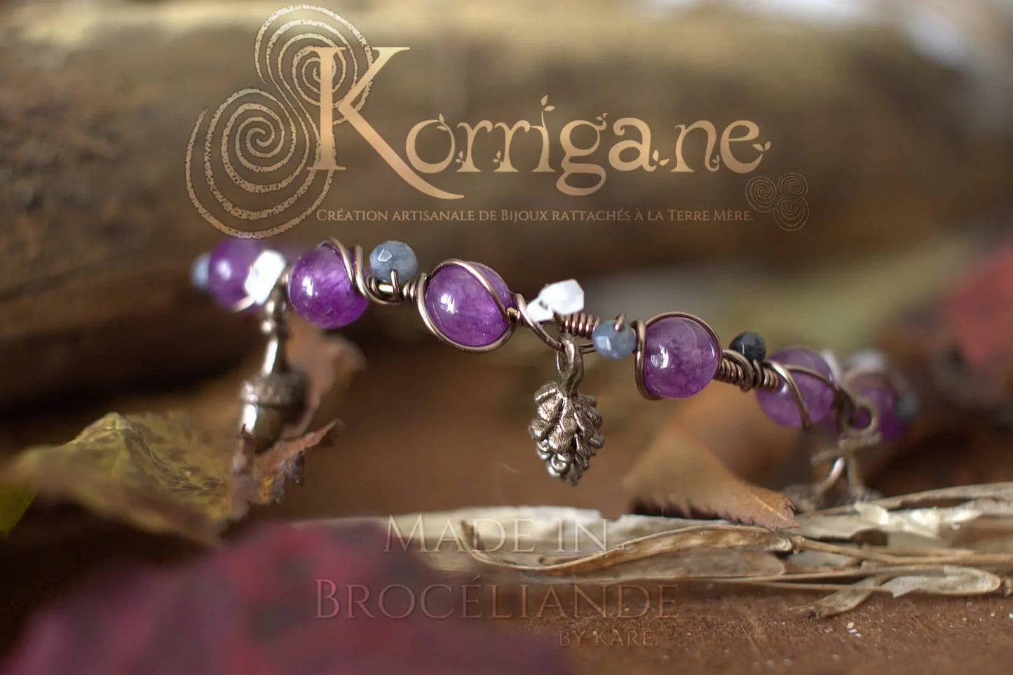 Bracelet Arduinna - Bijou forestier - Améthyste, Labradorite, Larvikite - Artisanat Made In Brocéliande - Bretagne - France - Lithothérapie Korrigane