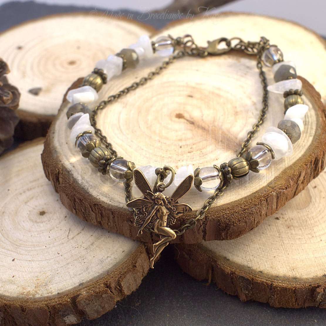 Bracelet Kendoniañ - Fée - Cristal de Roche, Larvikite & Labradorite - Artisanat Made In Brocéliande - Bretagne - France - Lithothérapie Korrigane