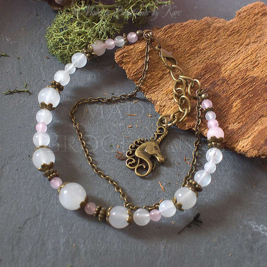 Bracelet Kendoniañ - Licorne - Quartz Rose & Blanc - Artisanat Made In Brocéliande - Bretagne - France - Lithothérapie Korrigane