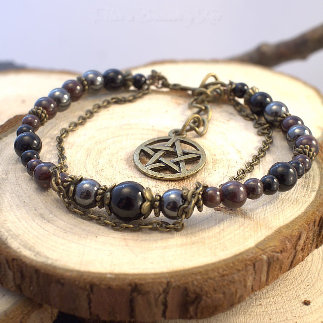 Bracelet Kendoniañ - Pentagramme Pentacle Wicca - Onyx, Grenat, Hématite - Artisanat - Lithothérapie Korrigane