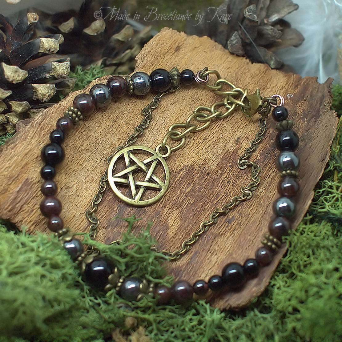 Bracelet Kendoniañ - Pentagramme Pentacle Wicca - Onyx, Grenat, Hématite - Artisanat - Lithothérapie Korrigane