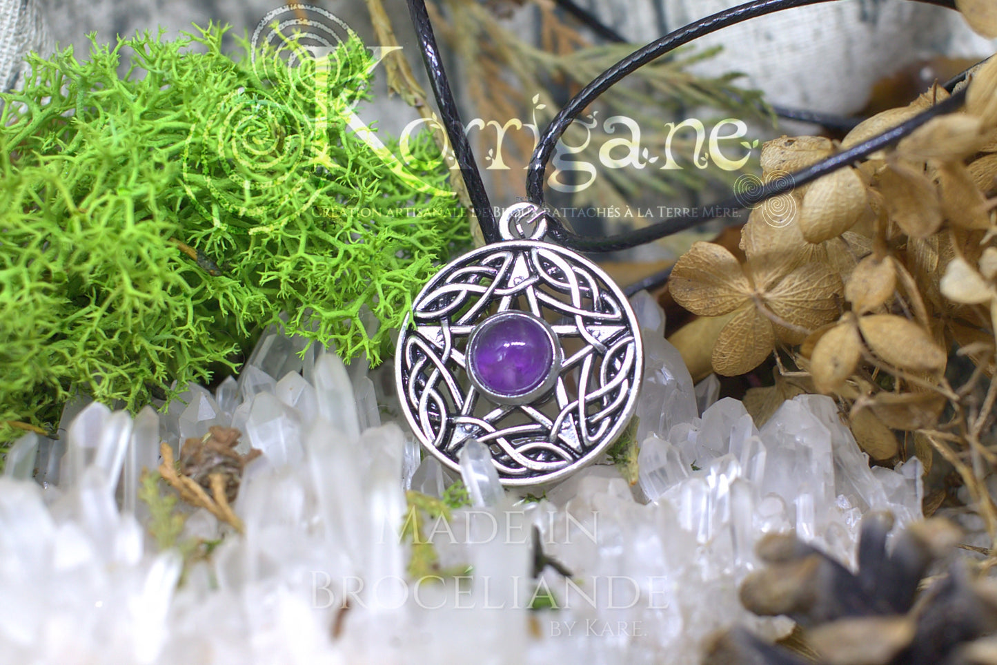 Médaillon Eidheann Pentagramme Recto-verso Améthyste - Labradorite Blanche Korrigane
