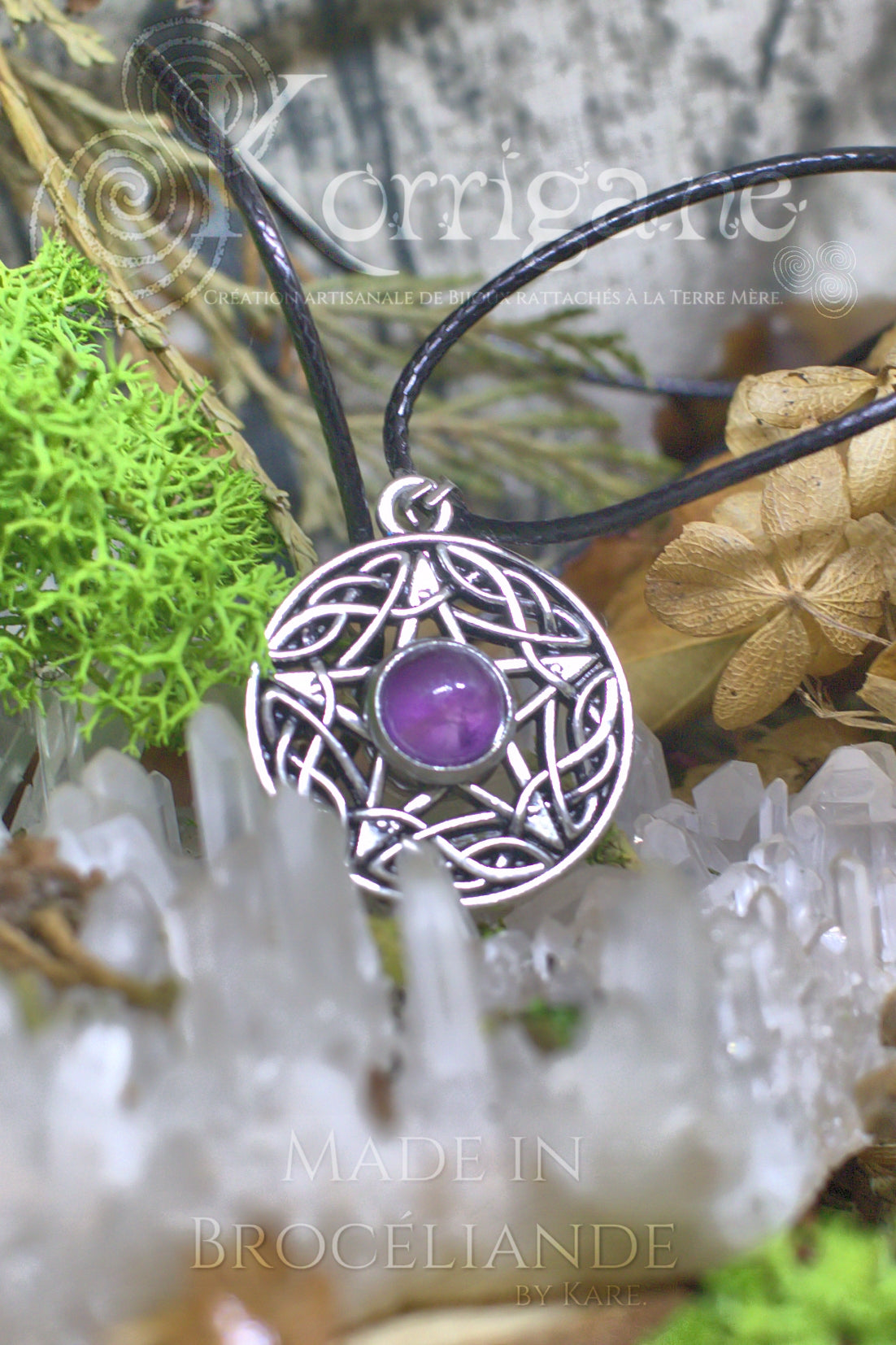 Médaillon Eidheann Pentagramme Recto-verso Améthyste - Labradorite Blanche Korrigane
