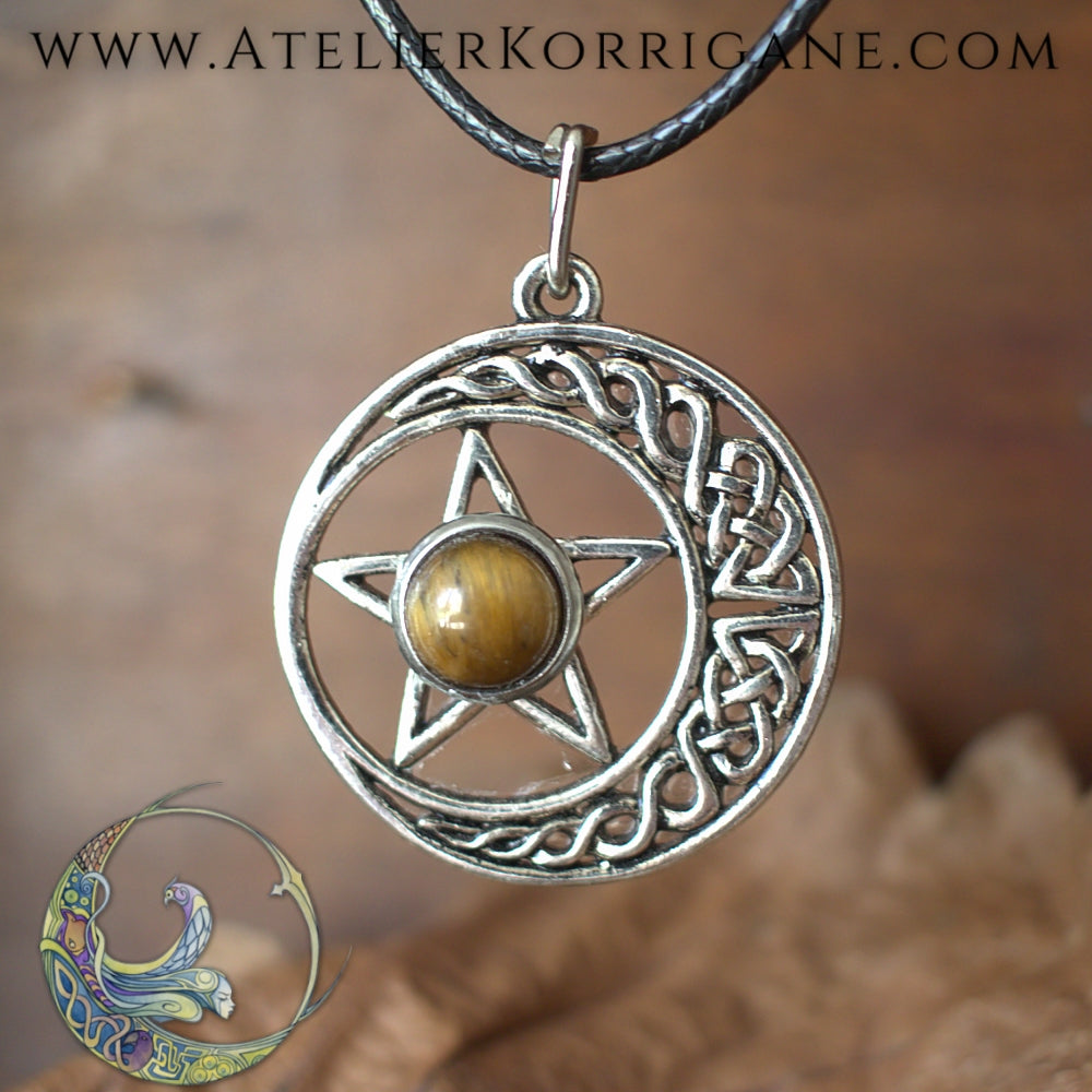 Médaillon Pentagramme Lune en Œil de Tigre Korrigane