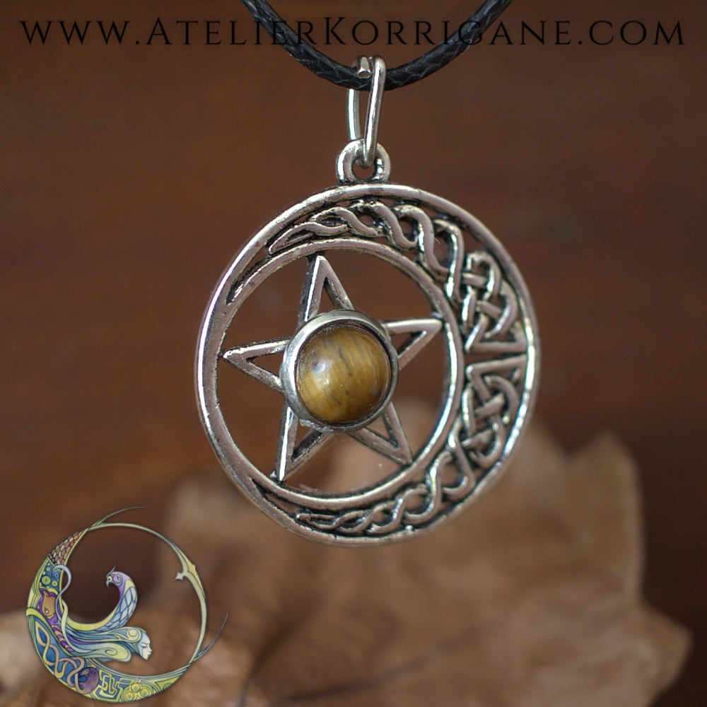 Médaillon Pentagramme Lune en Œil de Tigre Korrigane