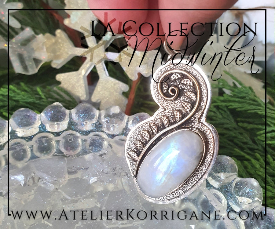 Pendentif Plante d'Hiver en Labradorite blanche et Argent Massif Korrigane