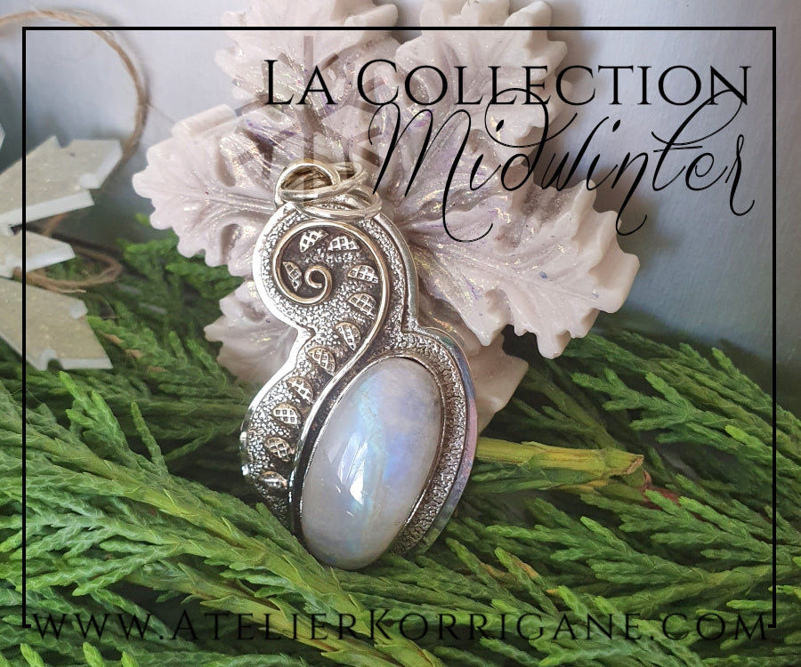 Pendentif Plante d'Hiver en Labradorite blanche et Argent Massif Korrigane