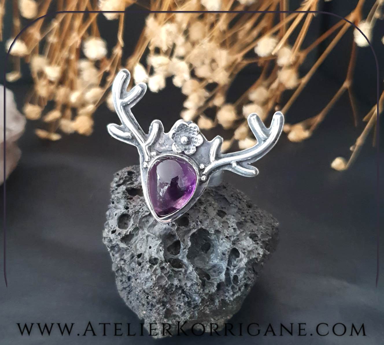 Bague Cernunnos Bois de Cerf Argent et Améthyste