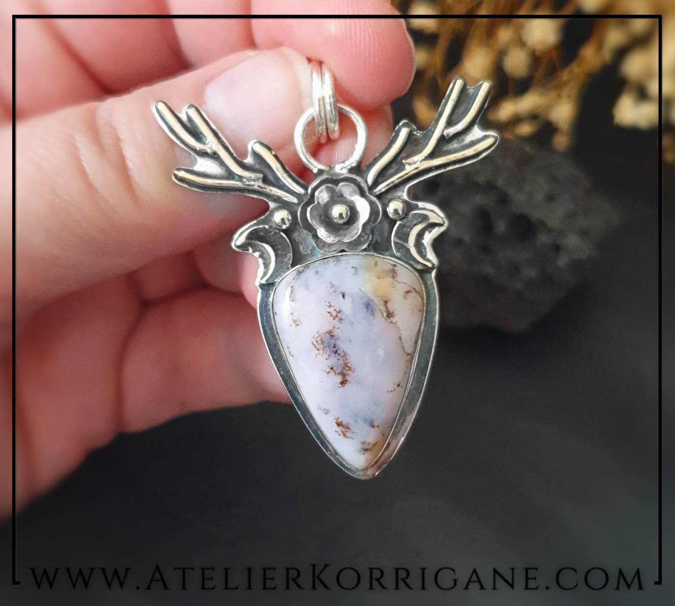 Pendentif Cernunnos Bois de Cerf Argent et Agate Dendritique