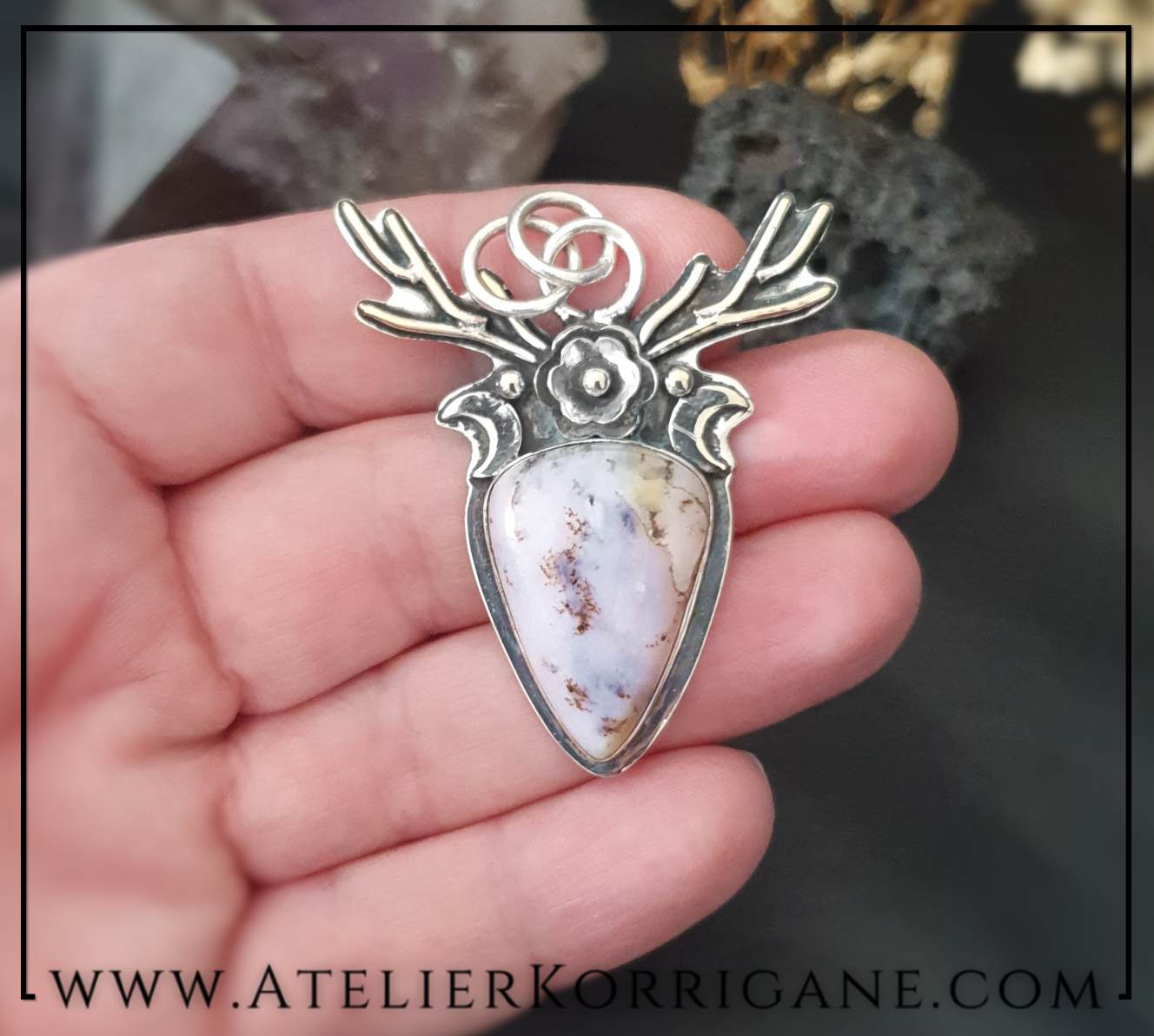 Pendentif Cernunnos Bois de Cerf Argent et Agate Dendritique