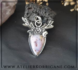 Pendentif Cernunnos Bois de Cerf Argent et Agate Dendritique