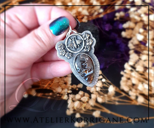 Pendentif Litha Abeilles en Agate et Argent Massif