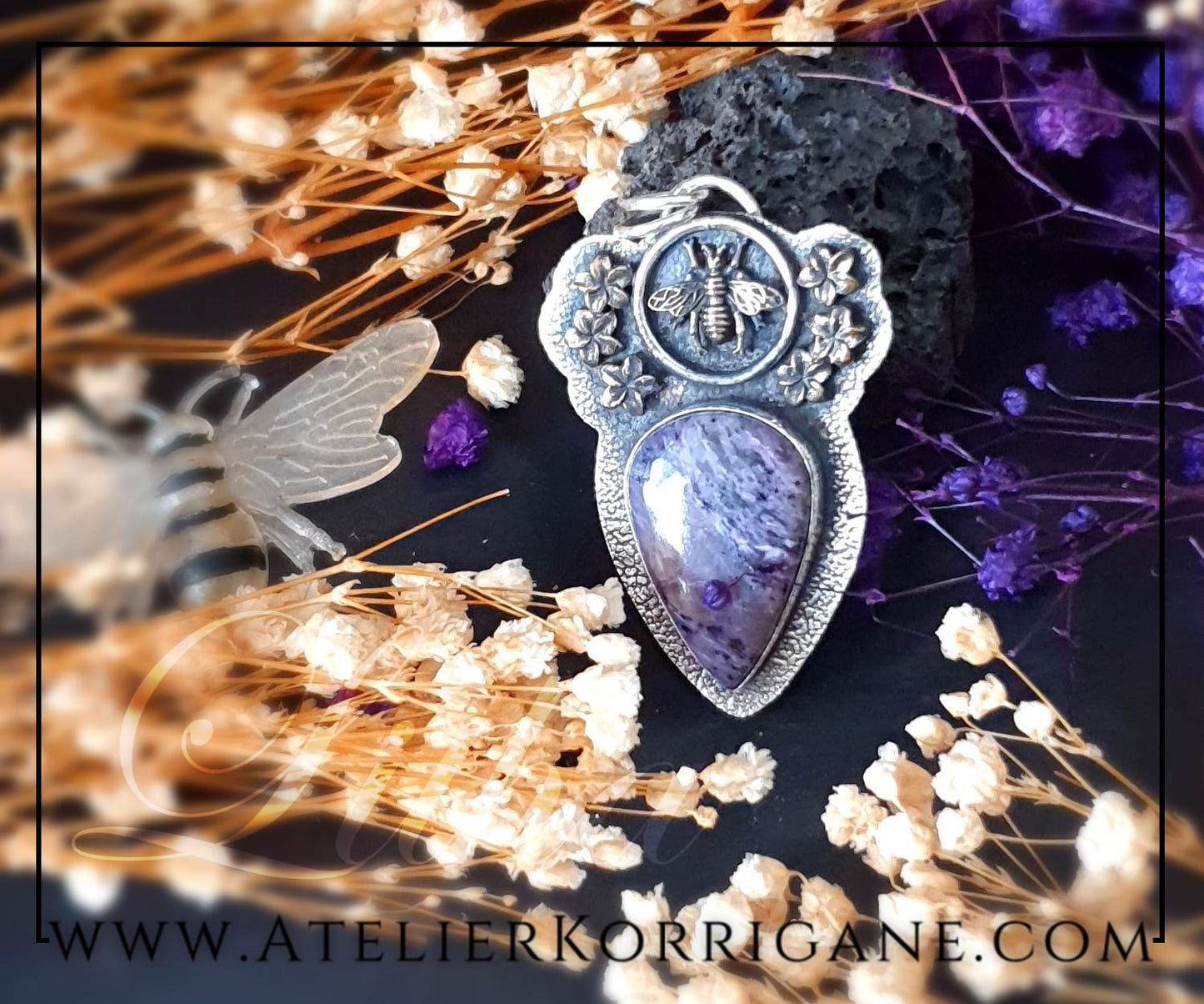 Pendentif Litha Abeilles en Charoite et Argent Massif