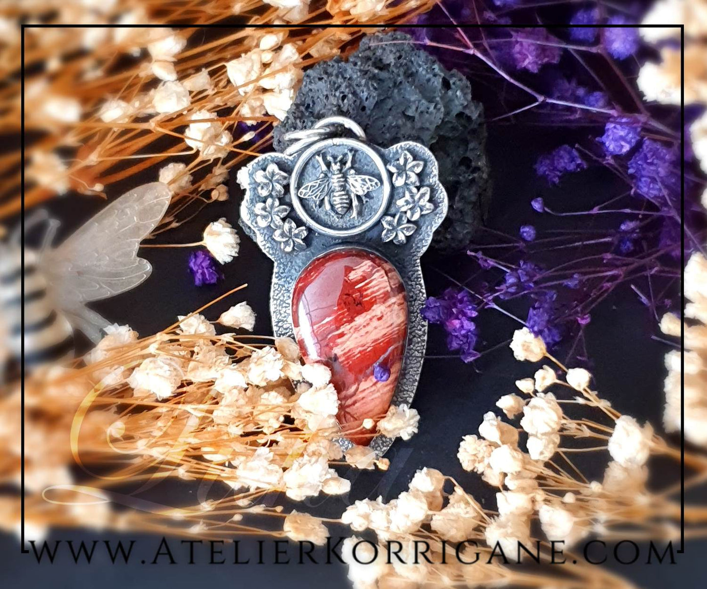 Pendentif Litha Abeilles en Jaspe Rouge et Argent Massif