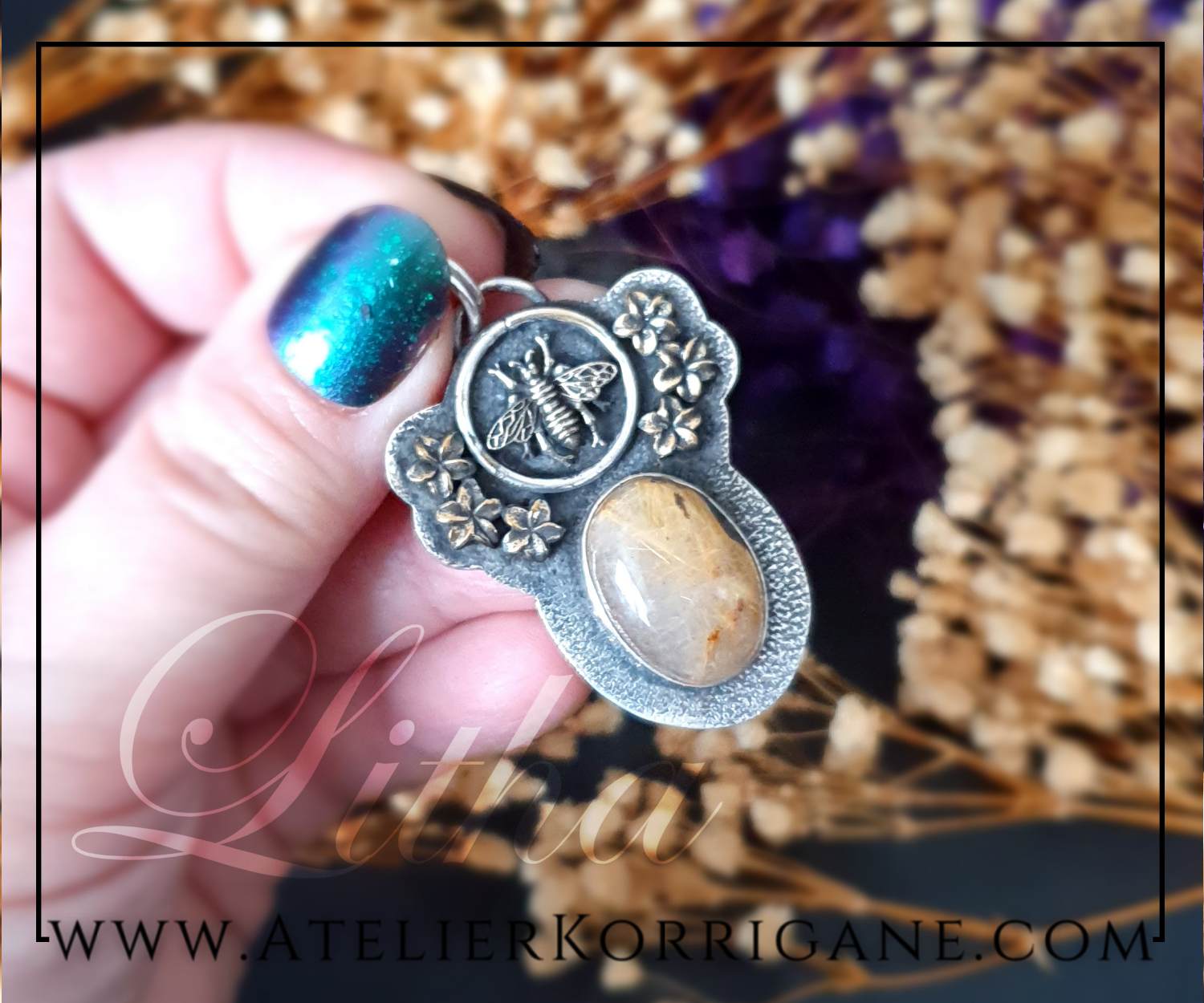 Pendentif Litha Abeilles en Quartz Rutile et Argent Massif