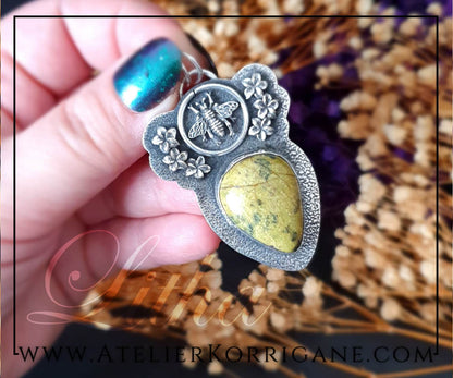 Pendentif Litha Abeilles en Serpentine avec Stichtite et Argent Massif