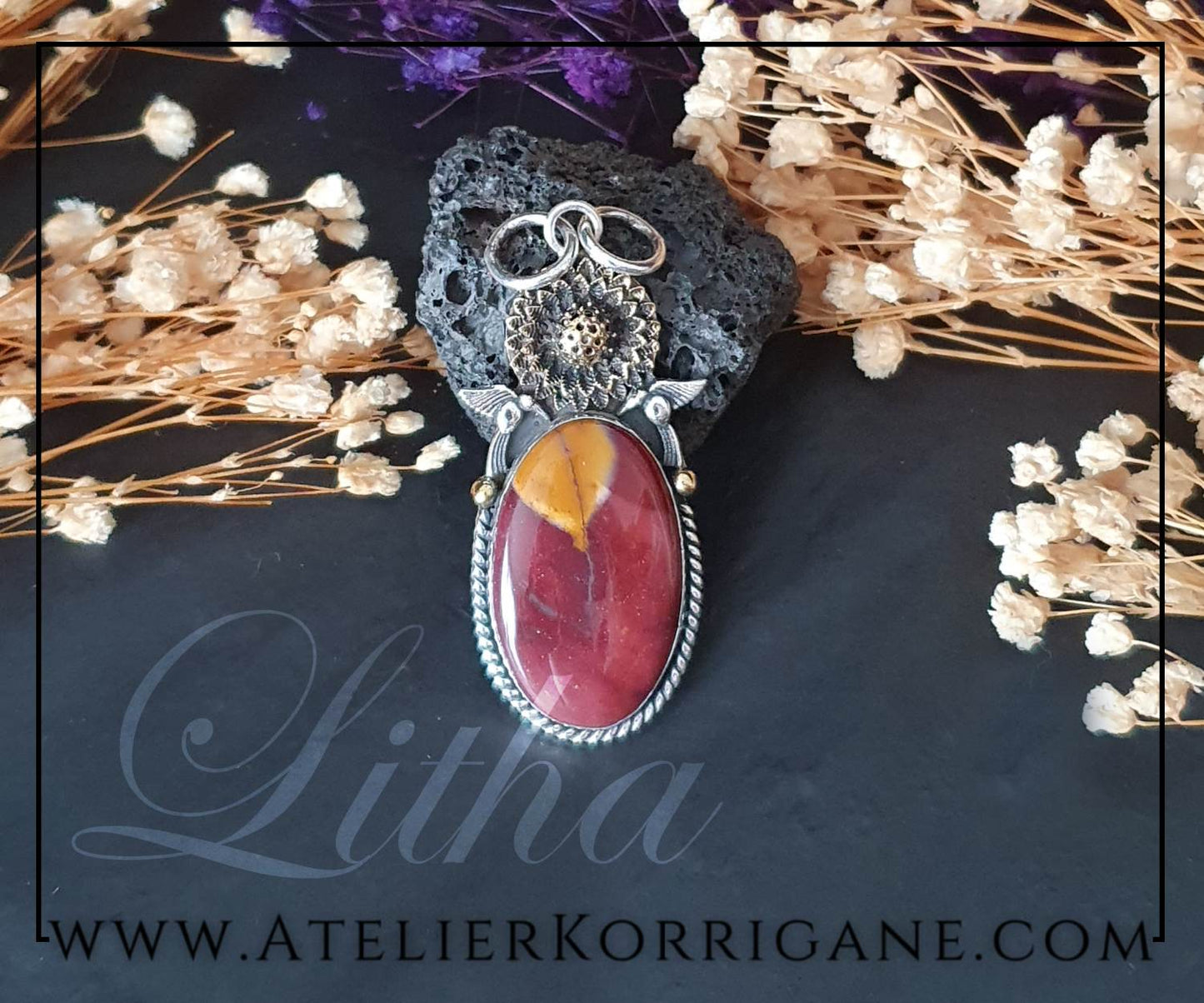 Pendentif Litha Tournesol en Jaspe Mookaite et Argent Massif