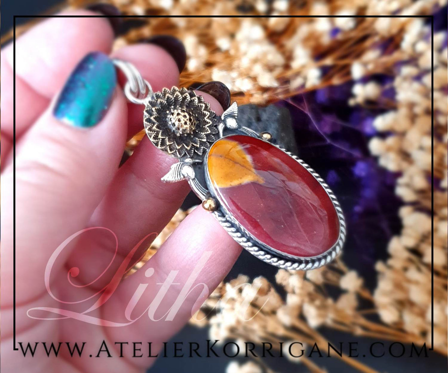 Pendentif Litha Tournesol en Jaspe Mookaite et Argent Massif