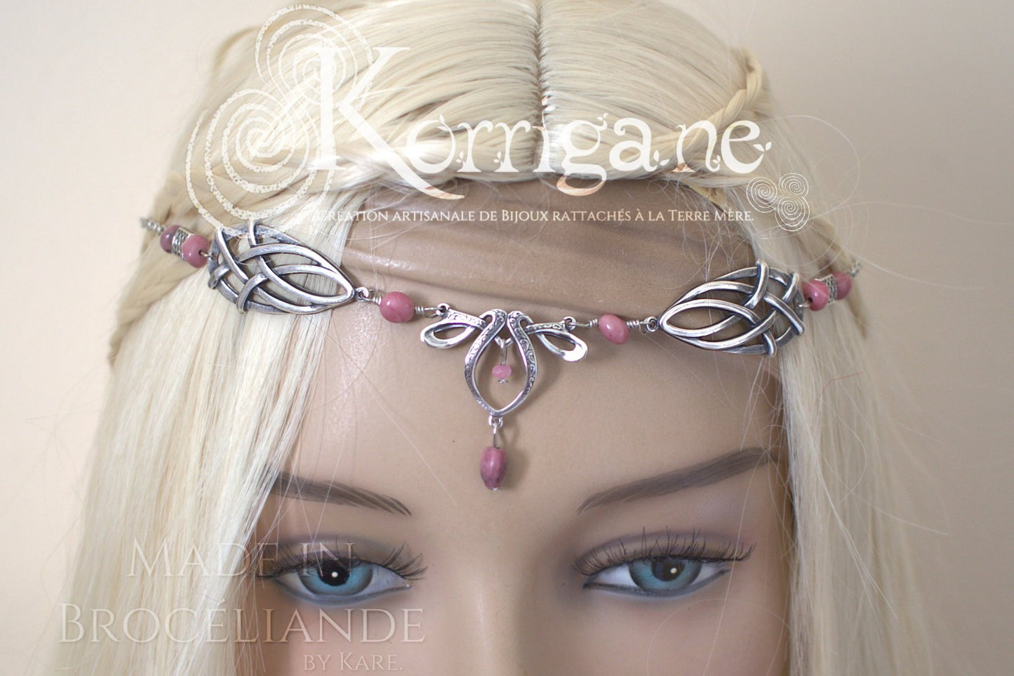 Diadème Erin - Argent Filled et Rhodonite - Verte Irlande - Couronne Celtique d'elfes et de fées - korrigane