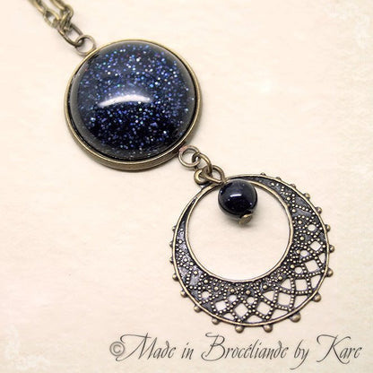 Collier Réaltaí Lune Pierre de Nuit Etoilée Bronze Wicca - korrigane