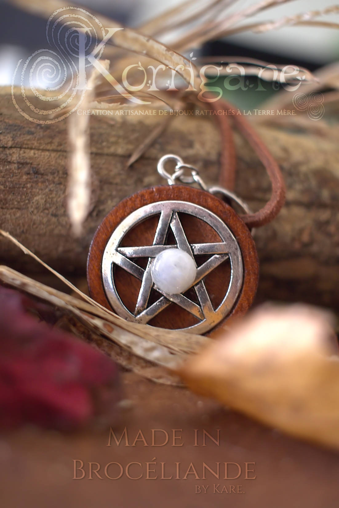 Amulette Pentagramme Collier de Protection Païen - Labradorite - Pentacle - Wicca Talisman de Sorcière - Bois Laiton Korrigane