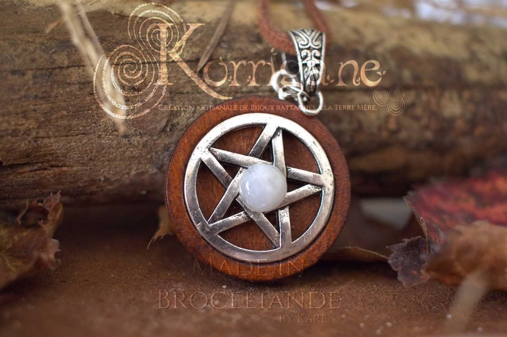 Amulette Pentagramme Collier de Protection Païen - Labradorite - Pentacle - Wicca Talisman de Sorcière - Bois Laiton Korrigane