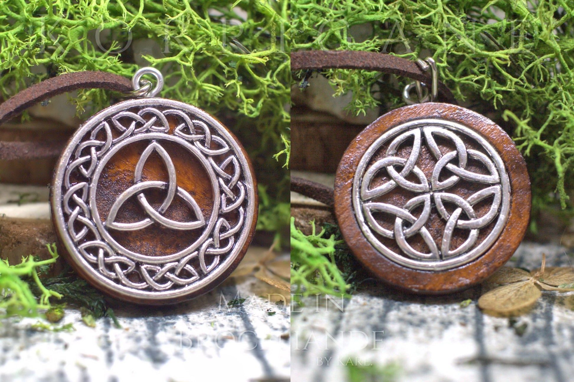 Amulette "Triketra" Collier de Protection Celtique - Triquetra Noeuds - Wicca Talisman Triple Déesse - Bois Laiton Korrigane