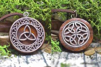 Amulette "Triketra" Collier de Protection Celtique - Triquetra Noeuds - Wicca Talisman Triple Déesse - Bois Laiton Korrigane