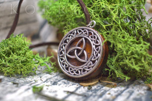 Amulette "Triketra" Collier de Protection Celtique - Triquetra Noeuds - Wicca Talisman Triple Déesse - Bois Laiton Korrigane