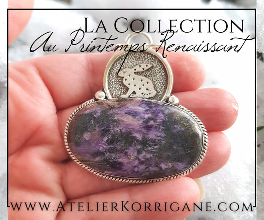 Pendentif Lièvre d'Ostara en Charoite et Argent Massif Korrigane