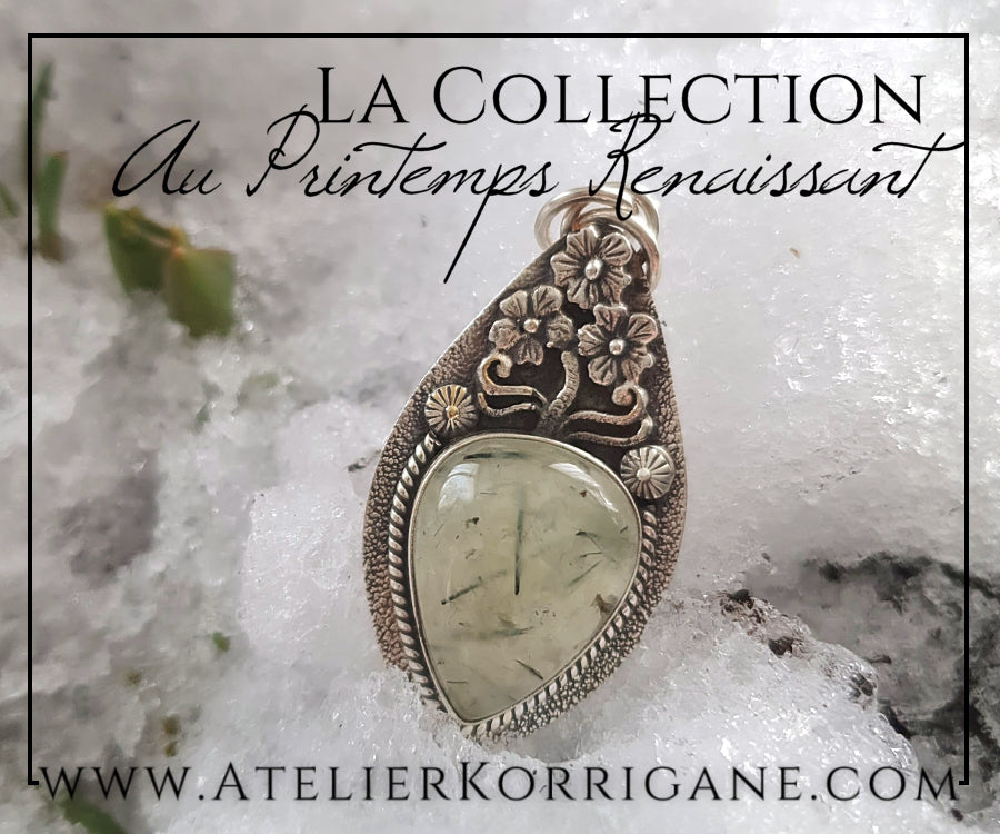 Pendentif Fleurs du Printemps en Préhnite et Argent Massif Korrigane