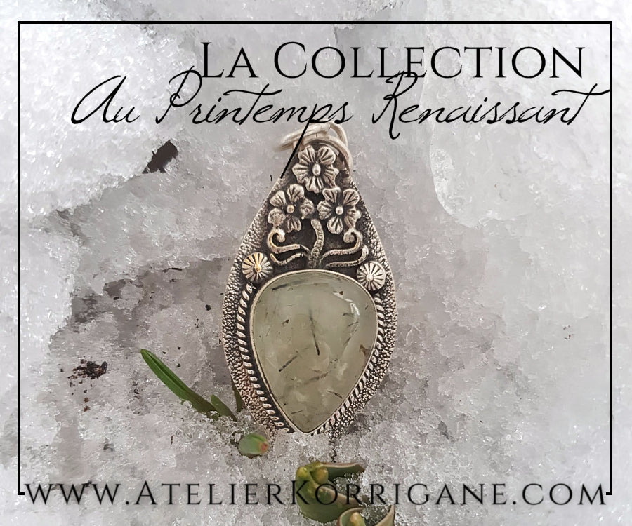 Pendentif Fleurs du Printemps en Préhnite et Argent Massif Korrigane