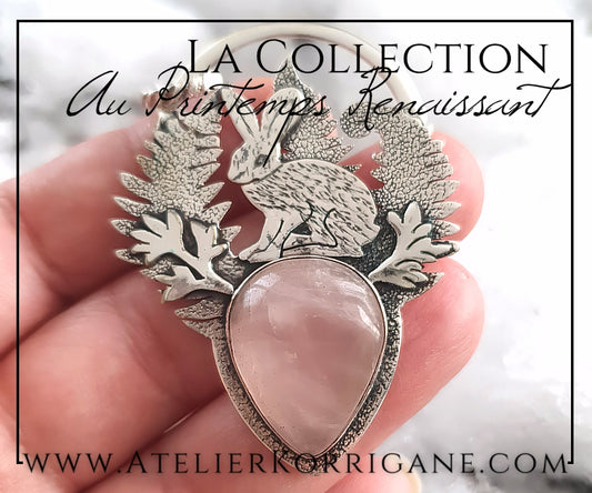 Pendentif Lièvre d'Ostara en Quartz Rose et Argent Massif Korrigane