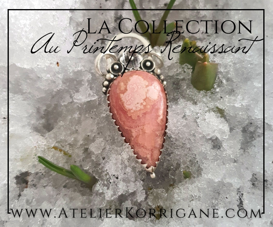 Pendentif Fleurs Printanières en Rhodochrosite et Argent Massif Korrigane