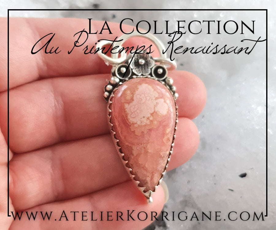 Pendentif Fleurs Printanières en Rhodochrosite et Argent Massif Korrigane