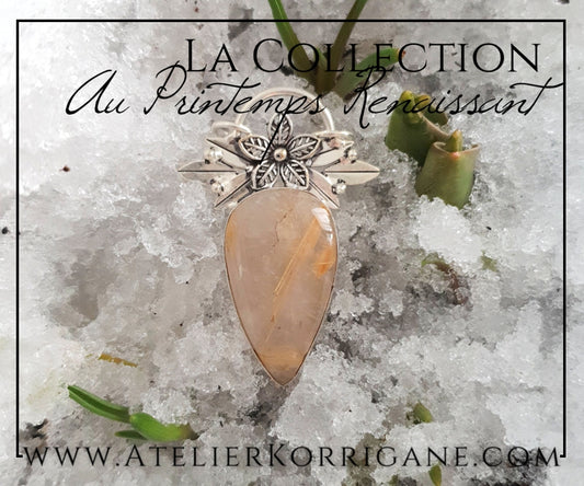 Pendentif Fleurs en Quartz Rutile Doré et Argent Massif Korrigane