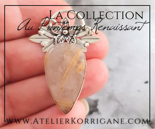 Pendentif Fleurs en Quartz Rutile Doré et Argent Massif Korrigane