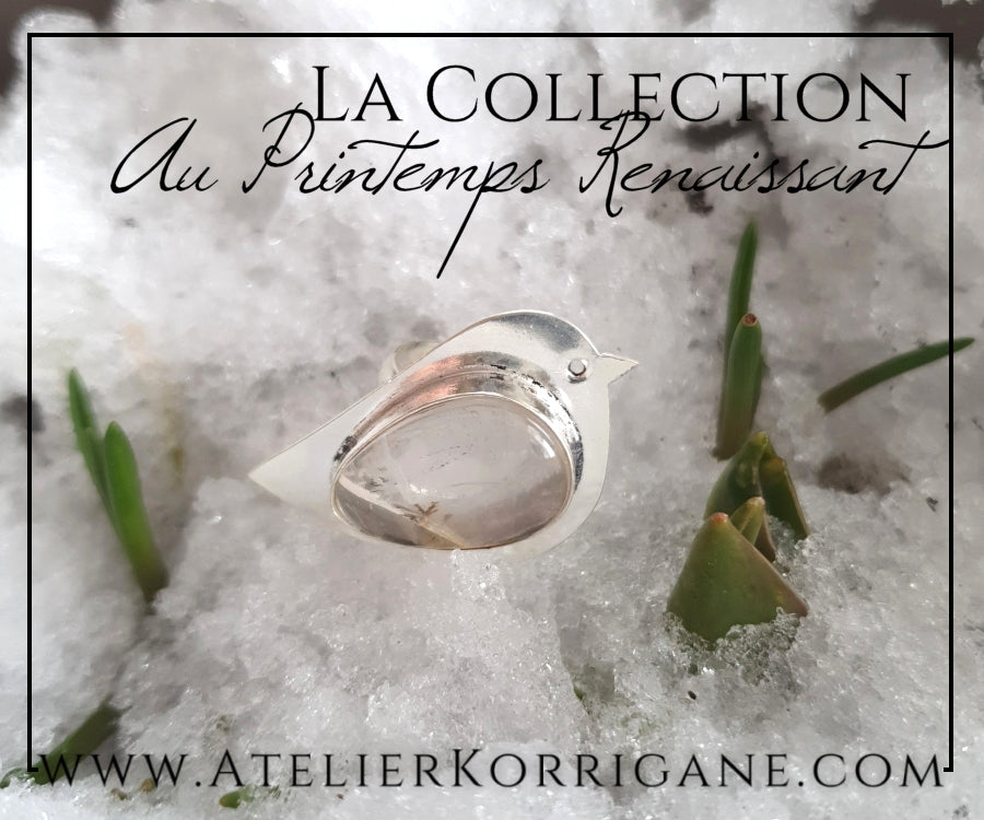 Bague Oiseau du Printemps en Cristal de Roche et Argent Massif Korrigane