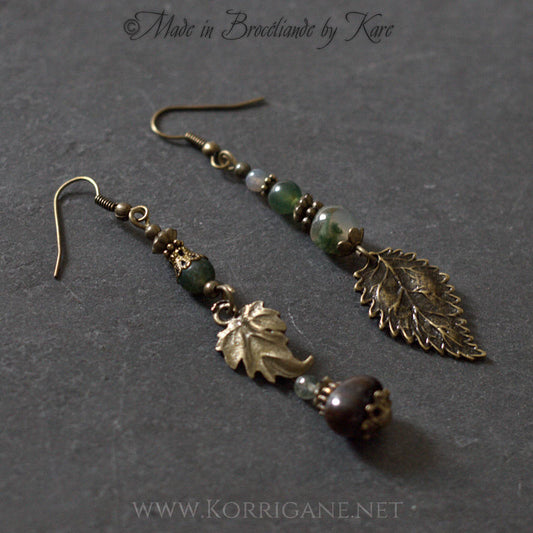 Boucles d'Oreilles 'Bileog' - Agate Mousse et Bronzite - Magie de la Forêt Feuilles - Artisanat Made In Brocéliande France - Lithothérapie Korrigane