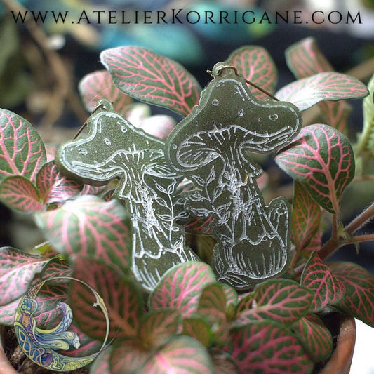 Boucles d'Oreilles Champignons des Sous-Bois Les P'tites Witchy Vert Foret Korrigane