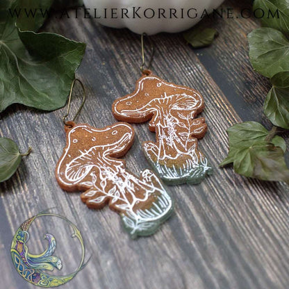 Boucles d'Oreilles Champignons des Sous-Bois Les P'tites Witchy Vert Foret et Cuivré V2 Korrigane