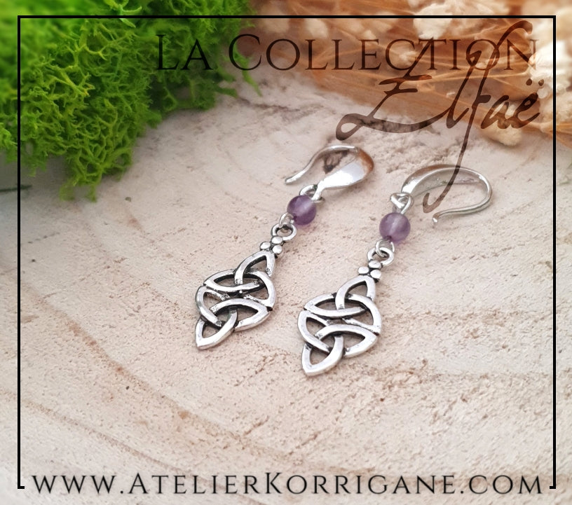 Boucles d'Oreilles Elfiques en Améthyste avec Triquetra Celtique Korrigane