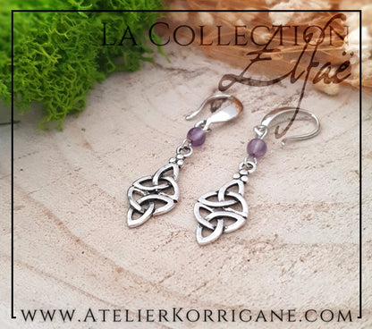 Boucles d'Oreilles Elfiques en Améthyste avec Triquetra Celtique Korrigane