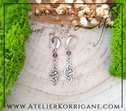 Boucles d'Oreilles Elfiques en Améthyste avec Triquetra Celtique Korrigane